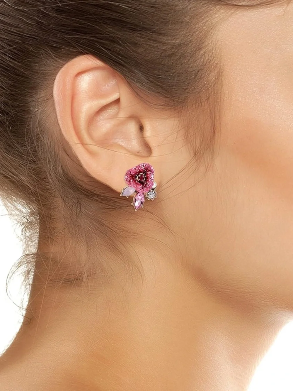 Betsey Johnson Pink Glitter Rose Mismatch Stud Earrings
